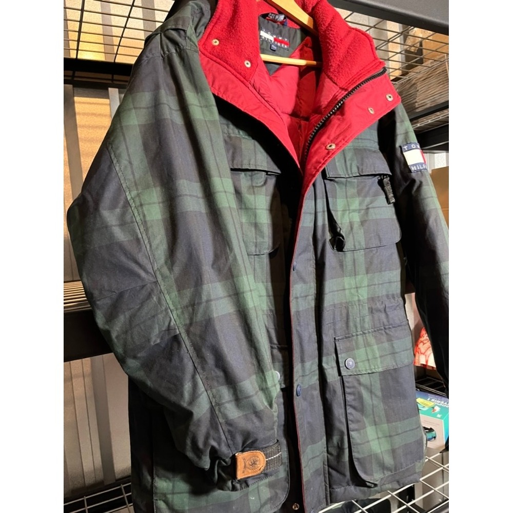 Vintage Tommy Hilfiger Men's Plaid Parka Jacket Fleece Lined Hood Navy Green M M